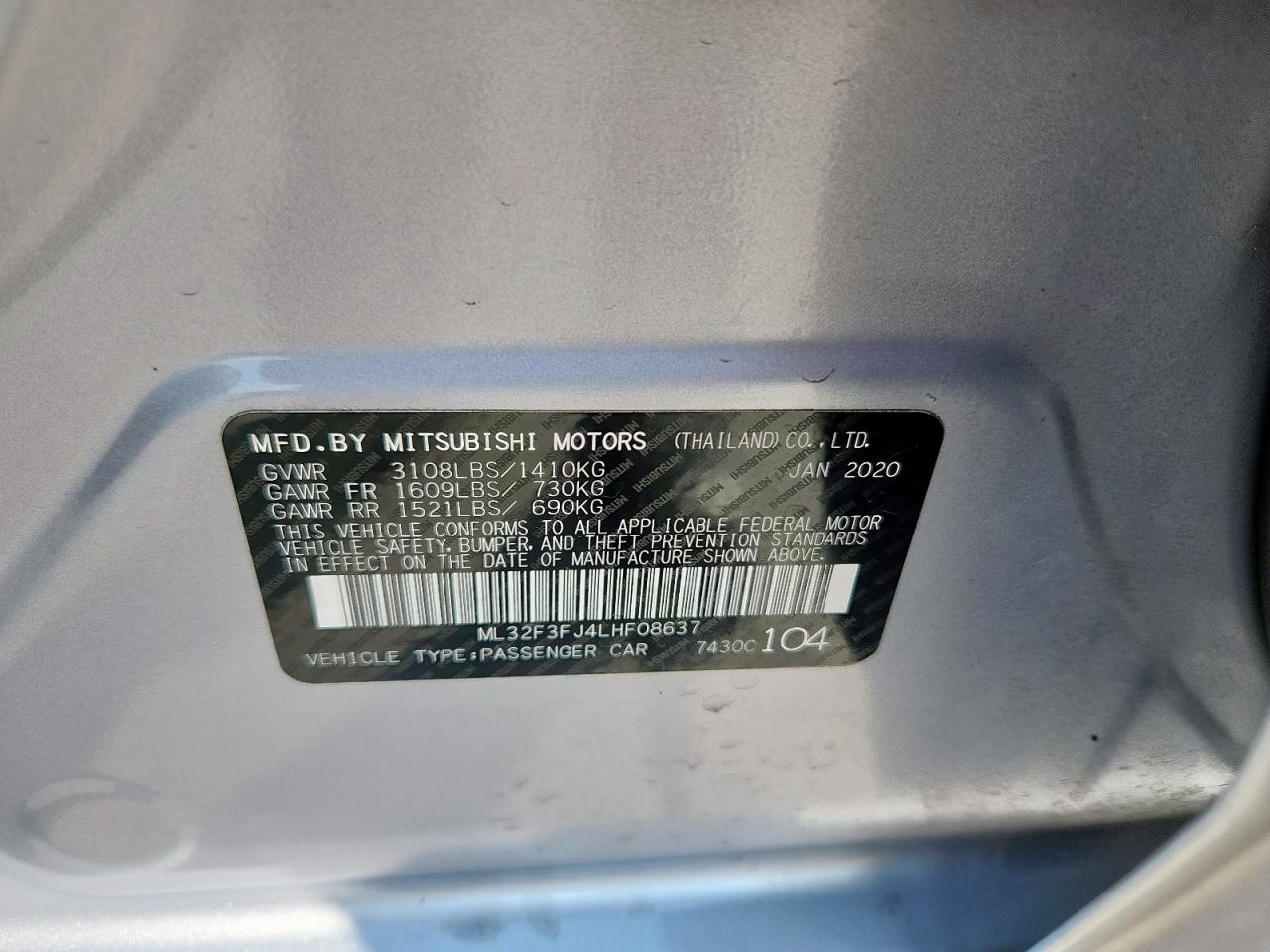 2020 Mitsubishi Mirage G4 Es VIN: ML32F3FJ4LHF08637 Lot: 80468505