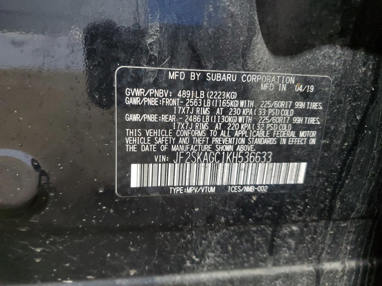 2019 Subaru Forester Premium VIN: JF2SKAGC1KH536633 Lot: 82114995