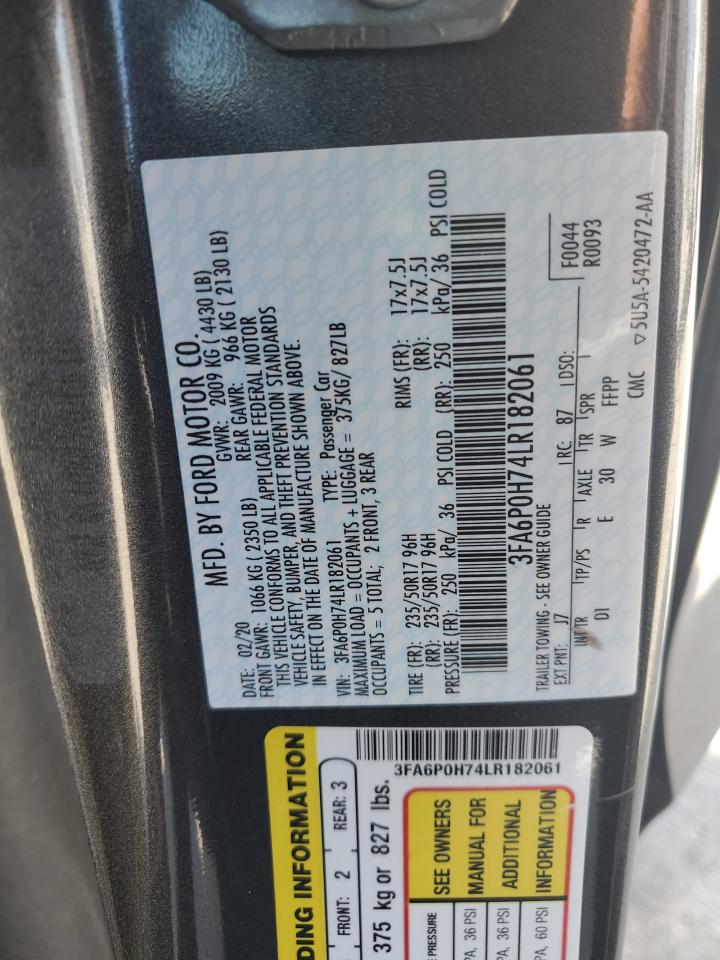 2020 Ford Fusion Se VIN: 3FA6P0H74LR182061 Lot: 80277755