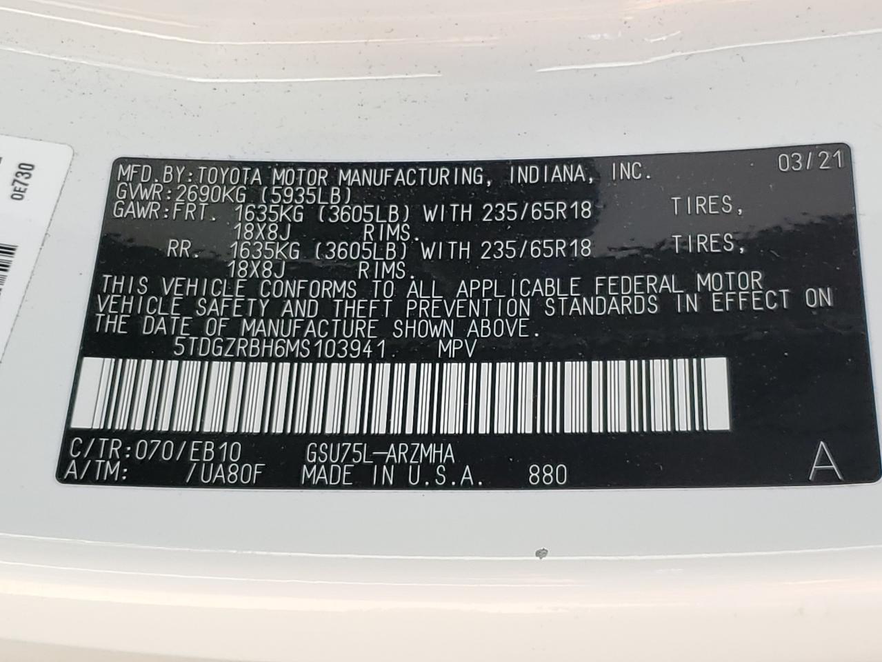 2021 Toyota Highlander Xle VIN: 5TDGZRBH6MS103941 Lot: 80142035