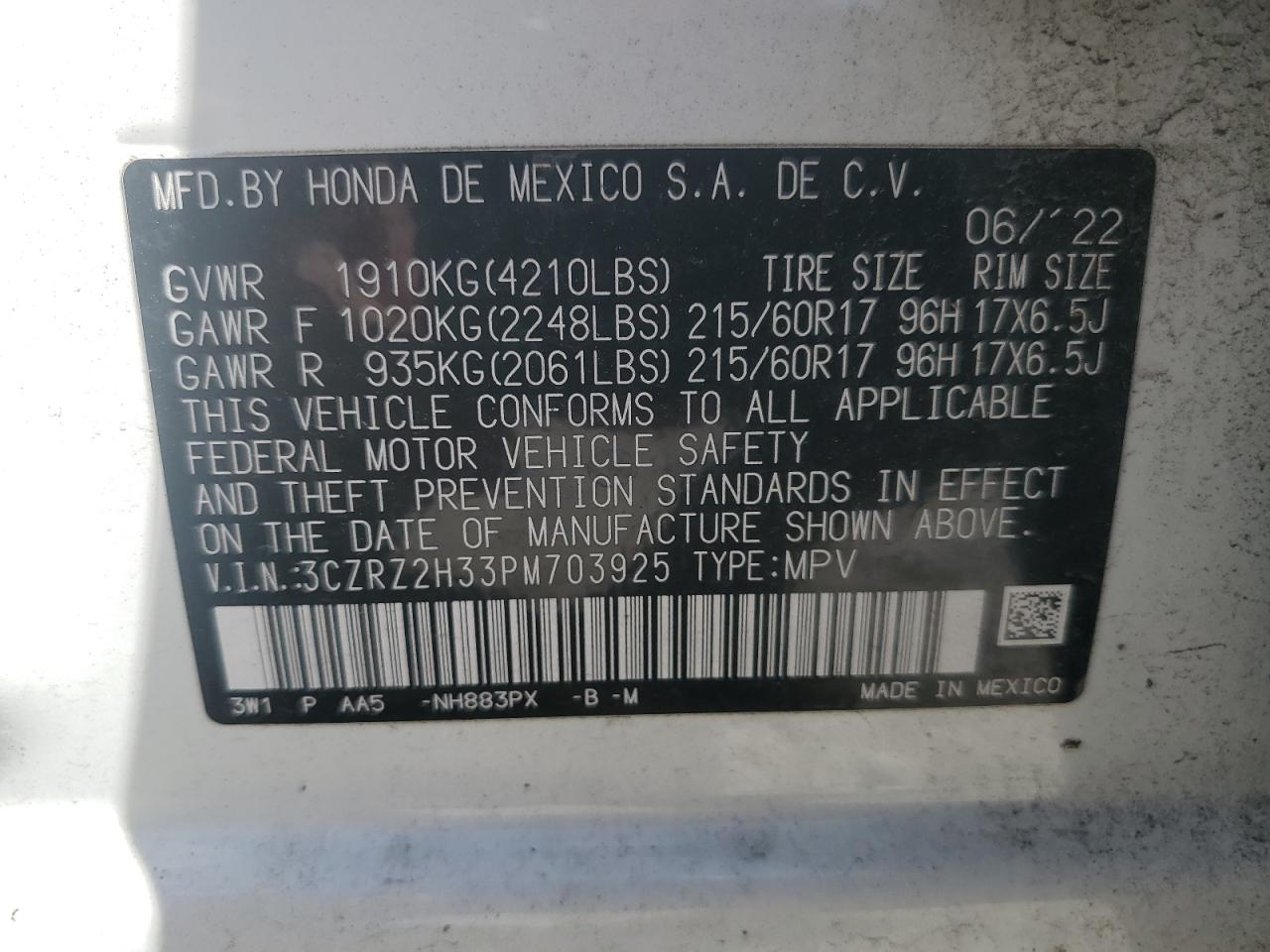 2023 Honda Hr-V Lx VIN: 3CZRZ2H33PM703925 Lot: 80458235