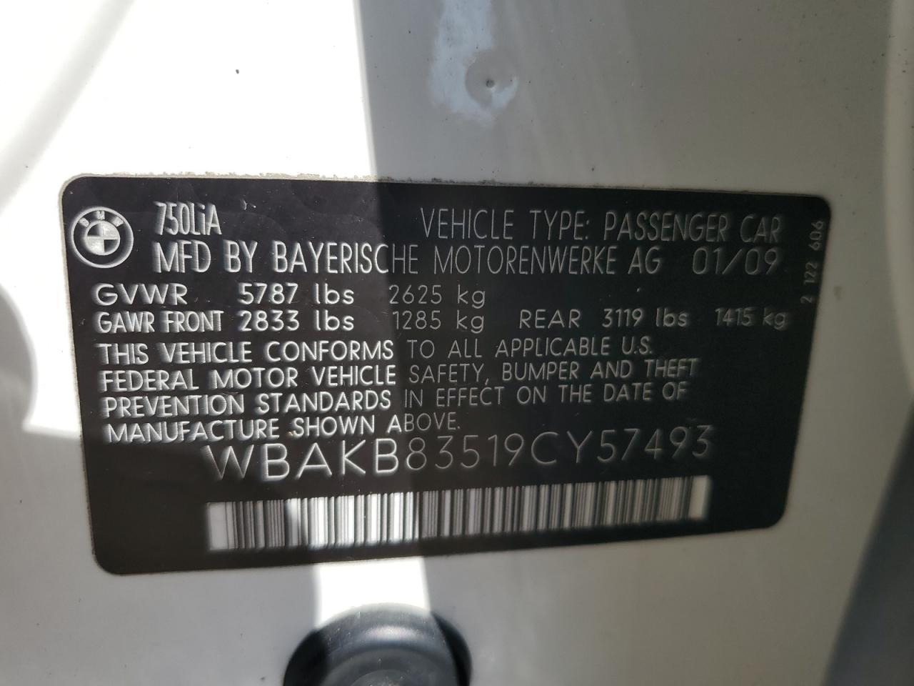 2009 BMW 750 Li VIN: WBAKB83519CY57493 Lot: 80624615