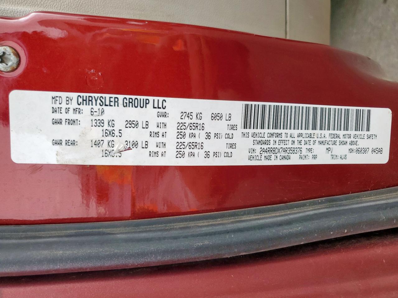 2010 Chrysler Town & Country Touring Plus VIN: 2A4RR8DX7AR358376 Lot: 71055945