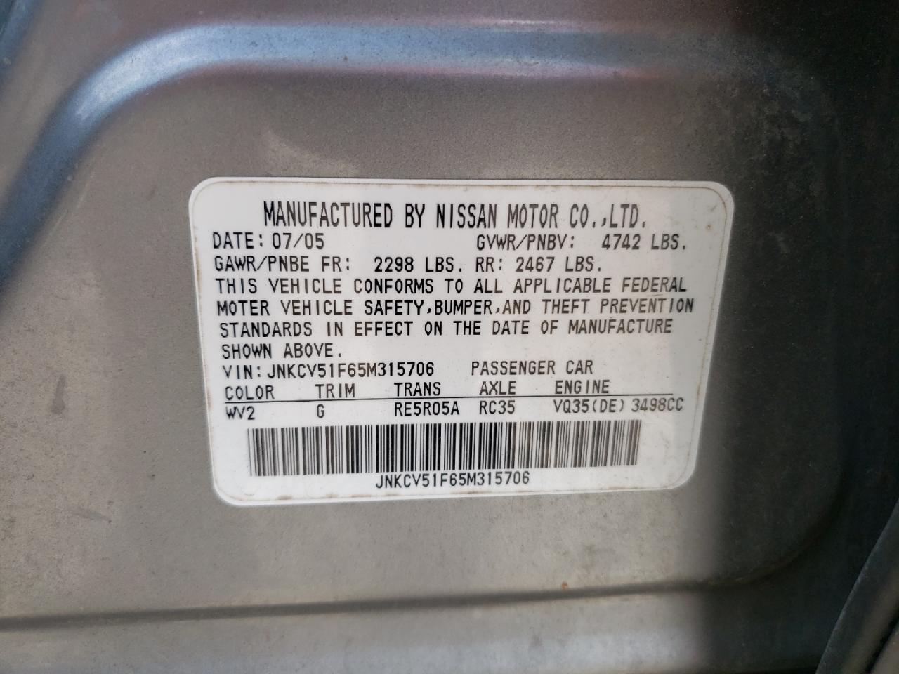 2005 Infiniti G35 VIN: JNKCV51F65M315706 Lot: 80798975