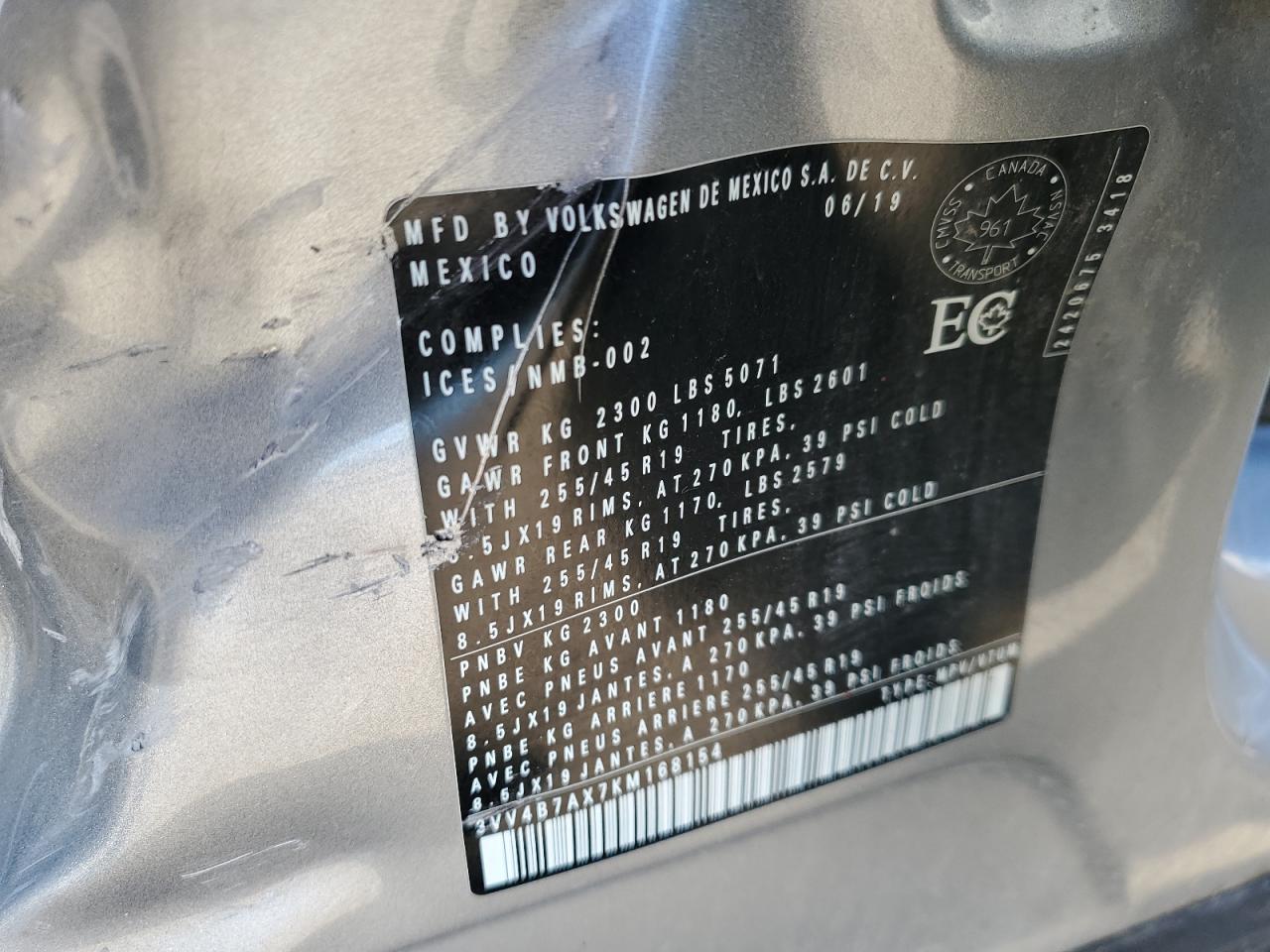 2019 Volkswagen Tiguan Sel Premium VIN: 3VV4B7AX7KM168154 Lot: 80220995