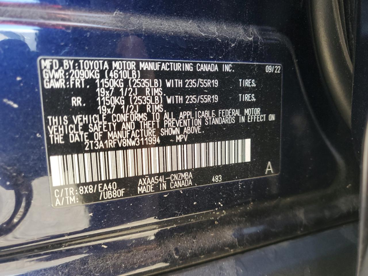 2022 Toyota Rav4 Xle Premium VIN: 2T3A1RFV8NW311994 Lot: 71597865