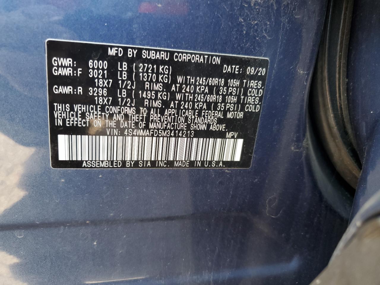 2021 Subaru Ascent Premium VIN: 4S4WMAFD5M3414213 Lot: 83985135