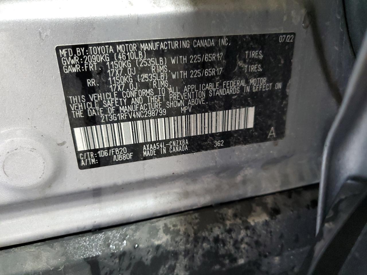 2022 Toyota Rav4 Le VIN: 2T3G1RFV4NC298799 Lot: 81091255