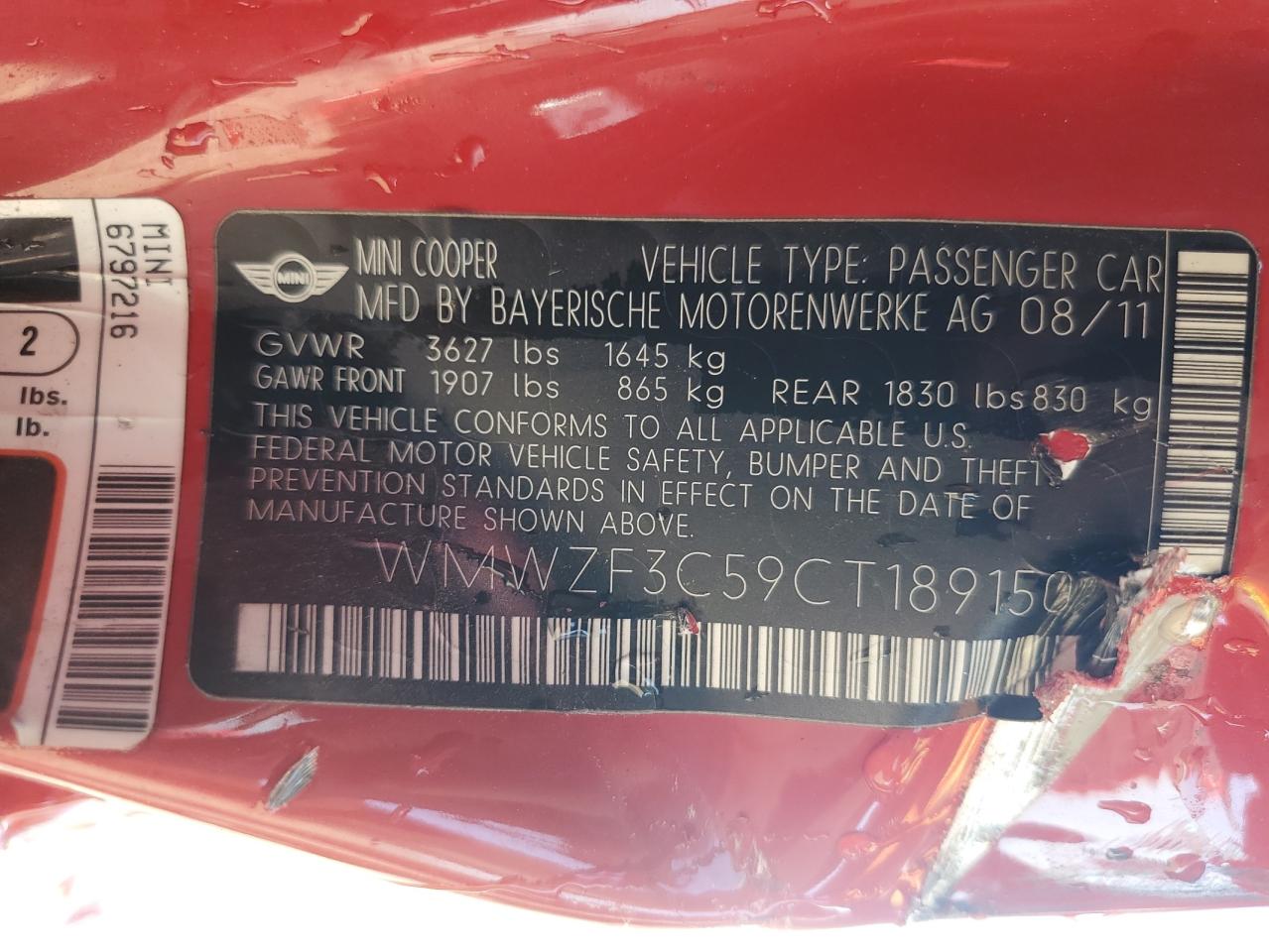 2012 Mini Cooper Clubman VIN: WMWZF3C59CT189150 Lot: 71611355