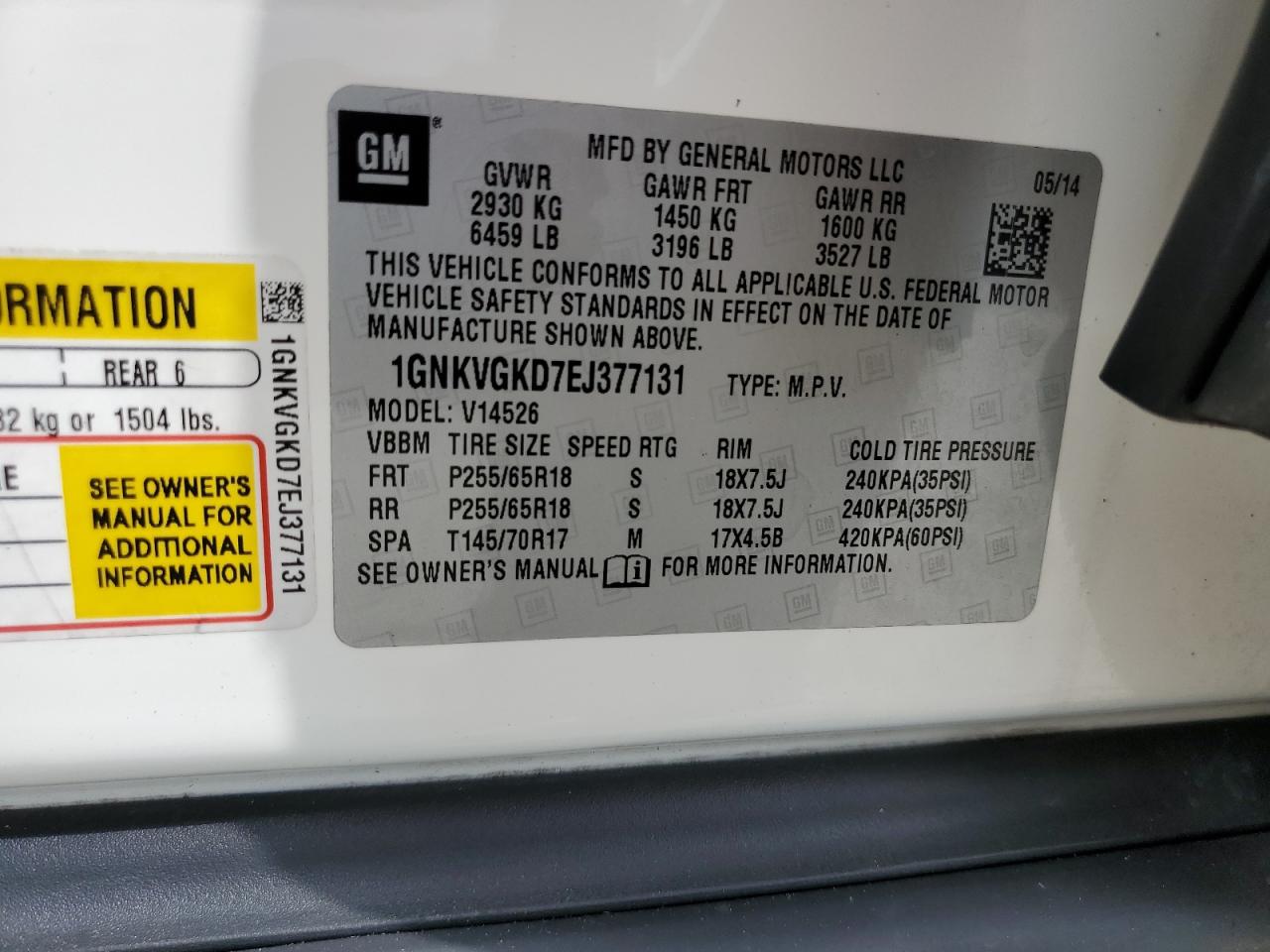 2014 Chevrolet Traverse Lt VIN: 1GNKVGKD7EJ377131 Lot: 83989575