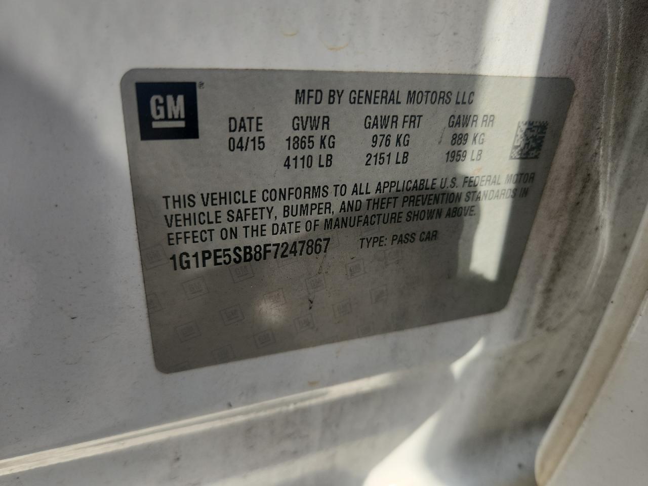 2015 Chevrolet Cruze Lt VIN: 1G1PE5SB8F7247867 Lot: 81626705