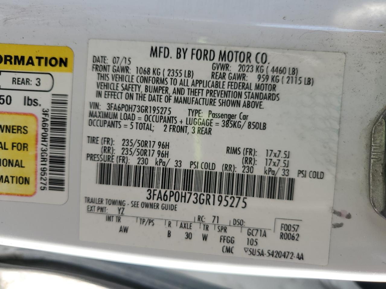 2016 Ford Fusion Se VIN: 3FA6P0H73GR195275 Lot: 81425335