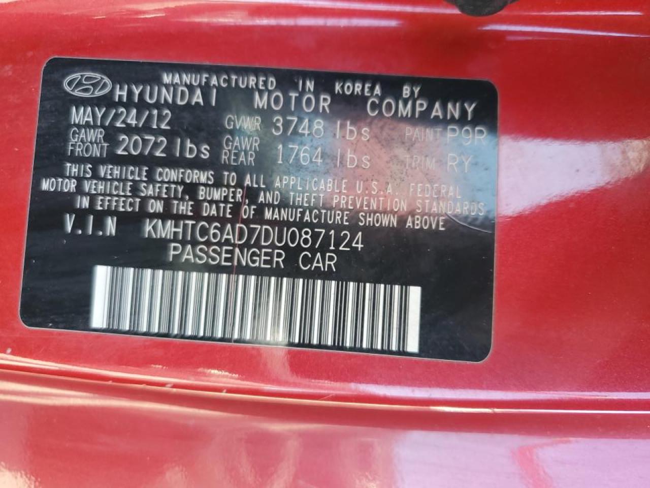 2013 Hyundai Veloster VIN: KMHTC6AD7DU087124 Lot: 71488025