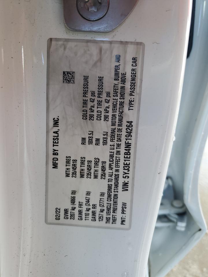 2022 Tesla Model 3 VIN: 5YJ3E1EB4NF194264 Lot: 80778095