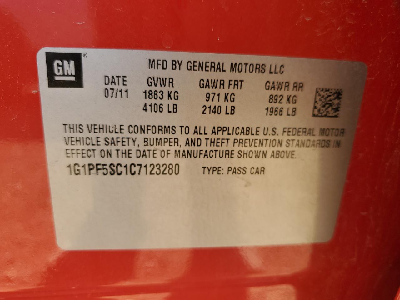 2012 Chevrolet Cruze Lt VIN: 1G1PF5SC1C7123280 Lot: 84253045