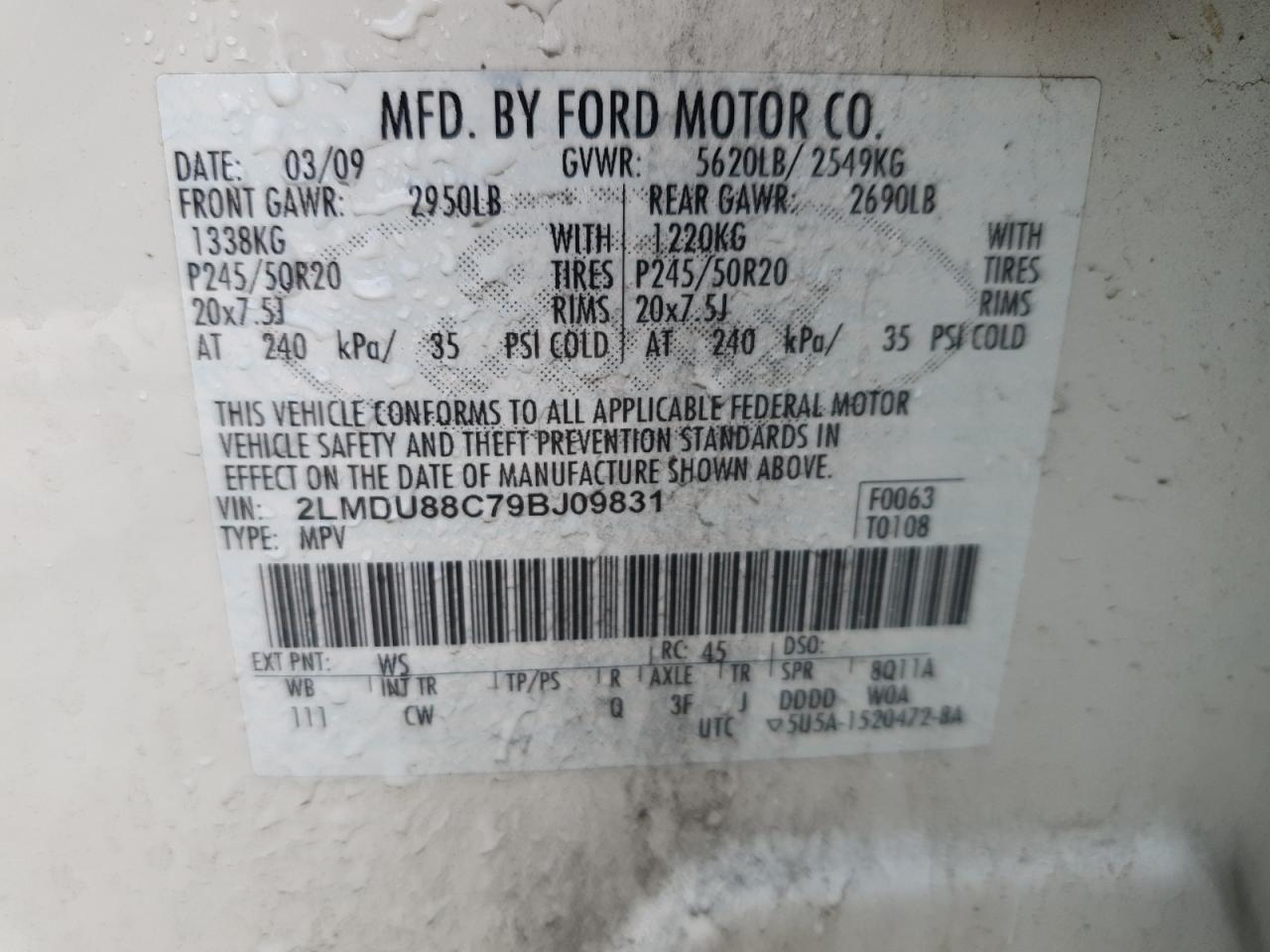 2009 Lincoln Mkx VIN: 2LMDU88C79BJ09831 Lot: 81457755