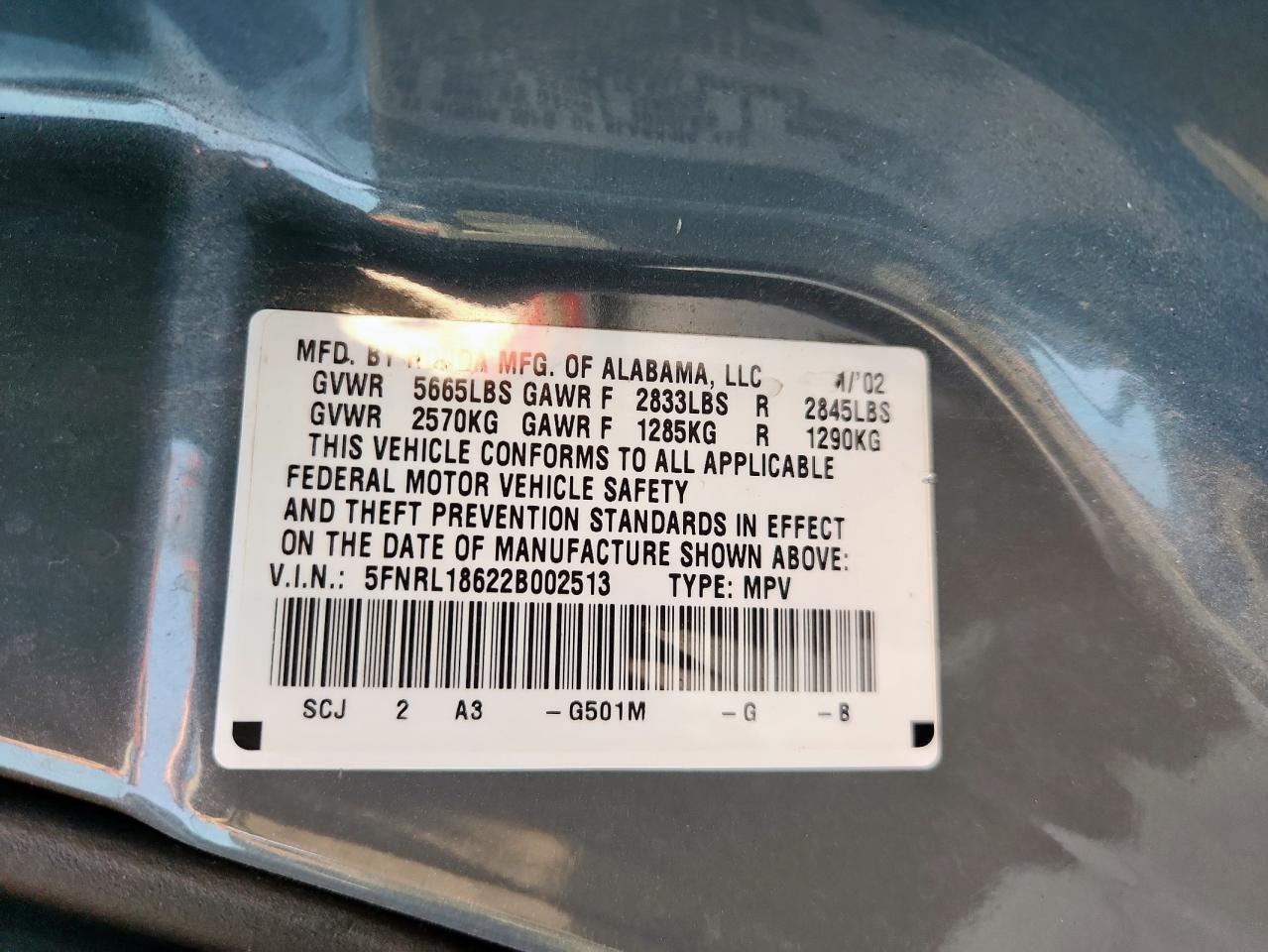 2002 Honda Odyssey Ex VIN: 5FNRL18622B002513 Lot: 71798025