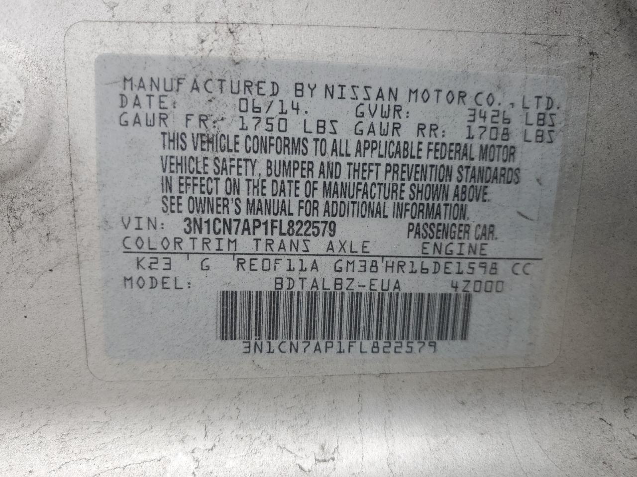 2015 Nissan Versa S VIN: 3N1CN7AP1FL822579 Lot: 81736105