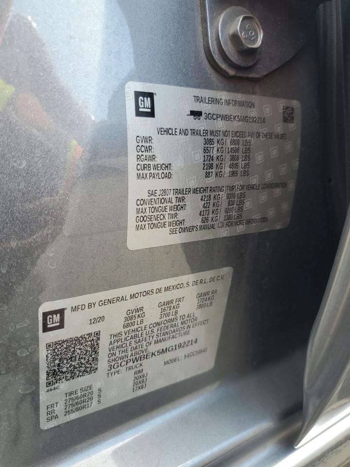 2021 Chevrolet Silverado C1500 Custom VIN: 3GCPWBEK5MG192214 Lot: 70218055