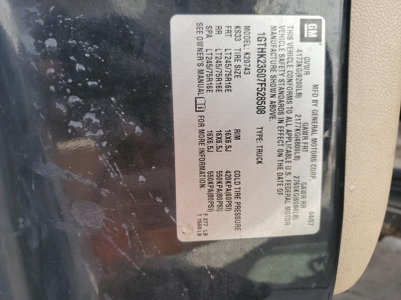 2007 GMC Sierra K2500 Heavy Duty VIN: 1GTHK23607F528508 Lot: 81382595