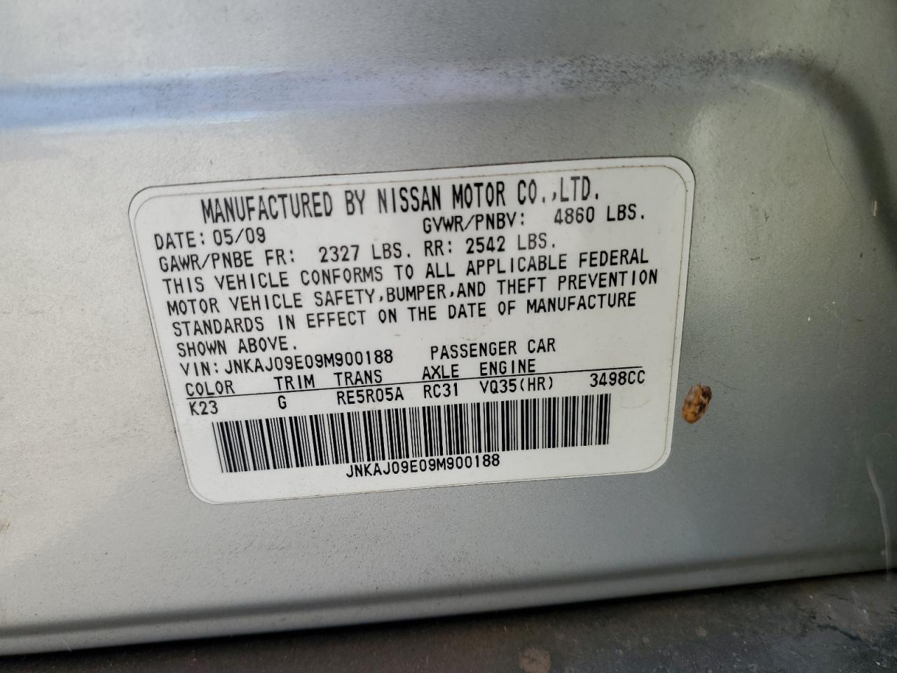 2009 Infiniti Ex35 Base VIN: JNKAJ09E09M900188 Lot: 71466345