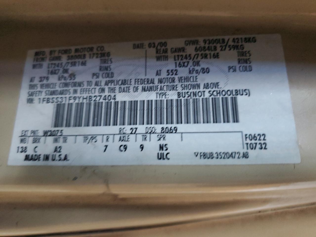 2000 Ford Econoline E350 Super Duty Wagon VIN: 1FBSS31F9YHB27404 Lot: 80470545