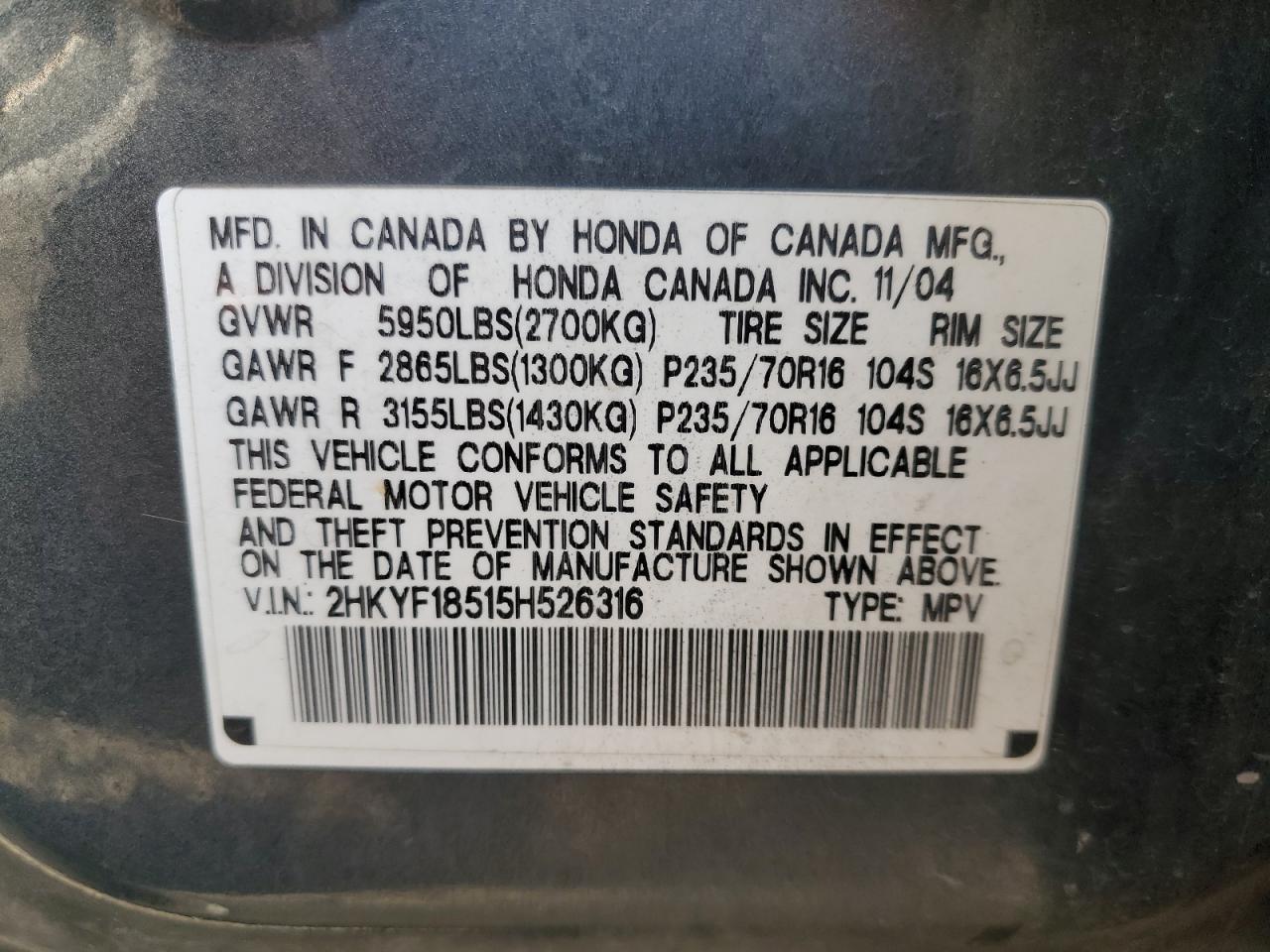 2005 Honda Pilot Exl VIN: 2HKYF18515H526316 Lot: 80991265