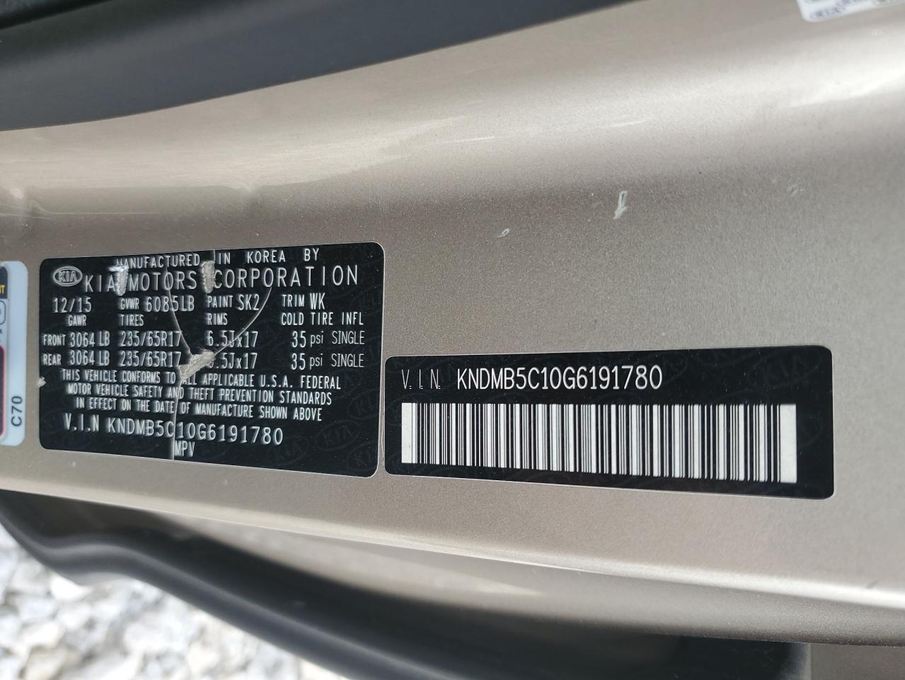 2016 Kia Sedona Lx VIN: KNDMB5C10G6191780 Lot: 71627525