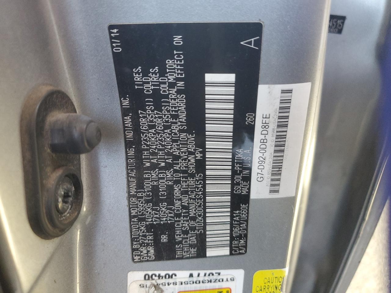 2014 Toyota Sienna VIN: 5TDZK3DC5ES454515 Lot: 71999095