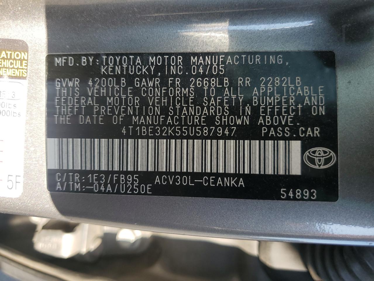 2005 Toyota Camry Le VIN: 4T1BE32K55U587947 Lot: 81475385