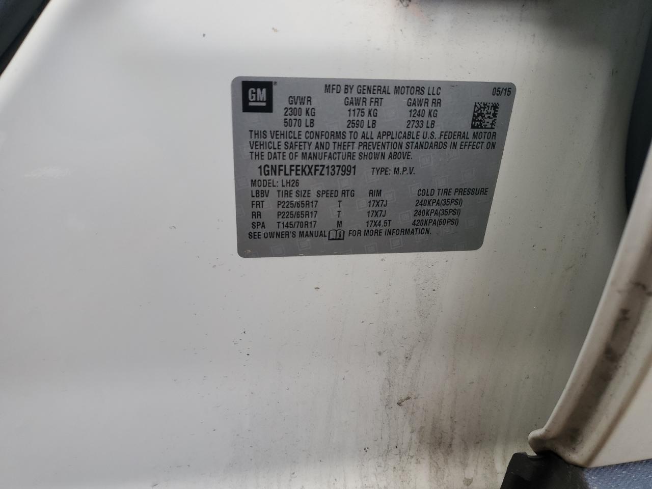 2015 Chevrolet Equinox Lt VIN: 1GNFLFEKXFZ137991 Lot: 69352835