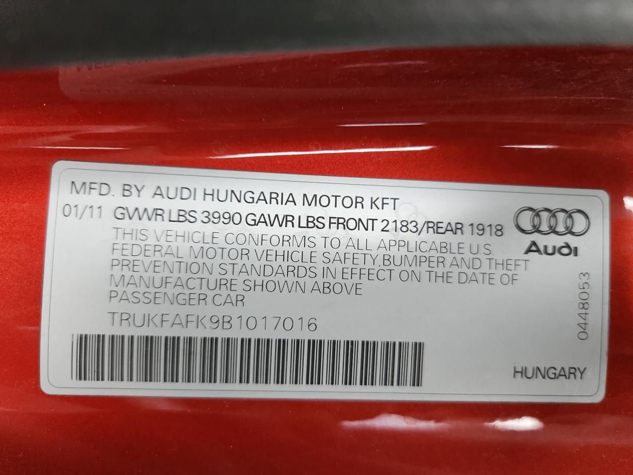 2011 Audi Tt Prestige VIN: TRUKFAFK9B1017016 Lot: 72019085