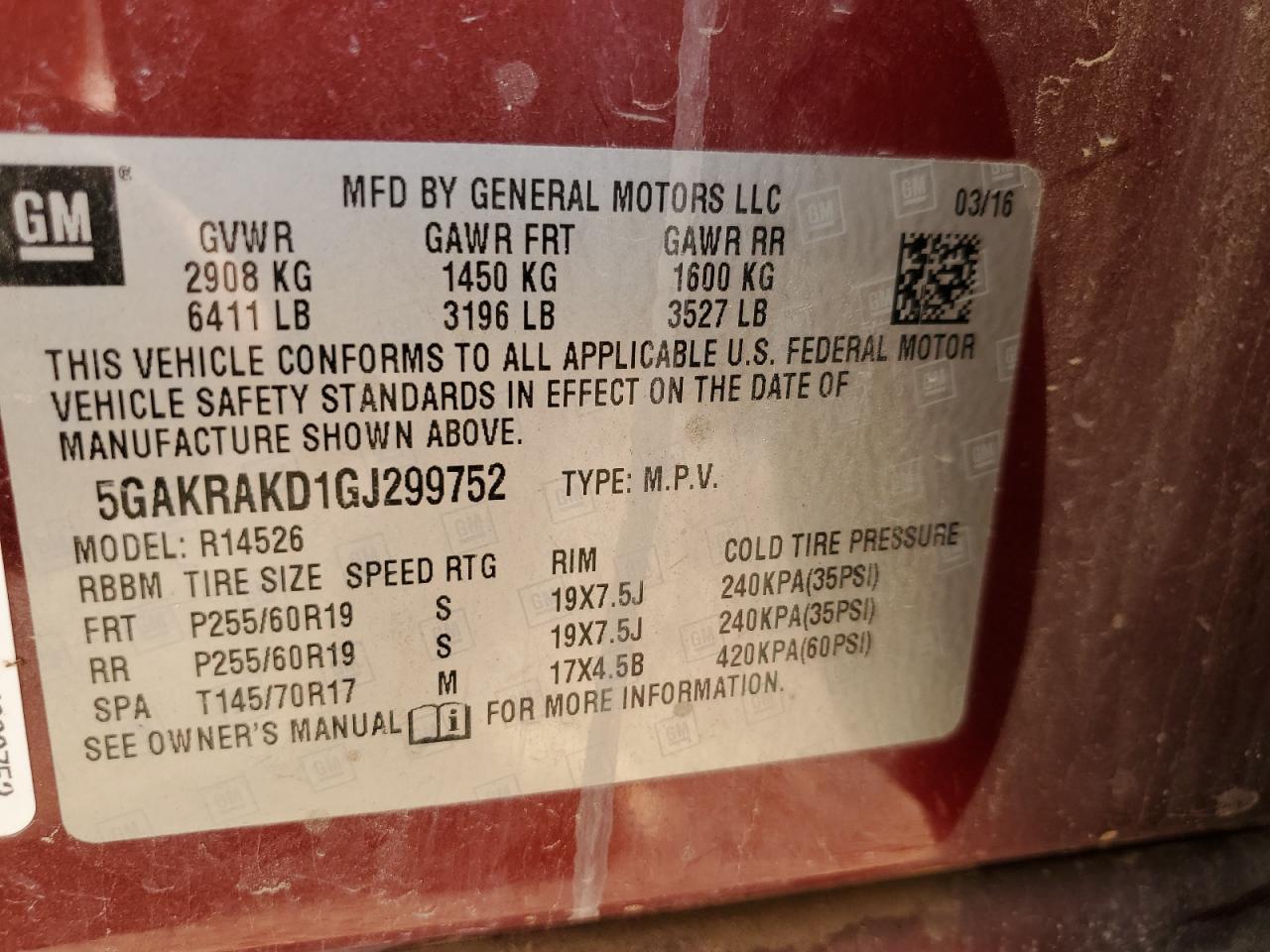 2016 Buick Enclave VIN: 5GAKRAKD1GJ299752 Lot: 71623155