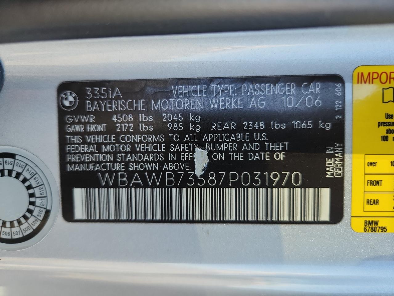 2007 BMW 335 I VIN: WBAWB73587P031970 Lot: 82045865