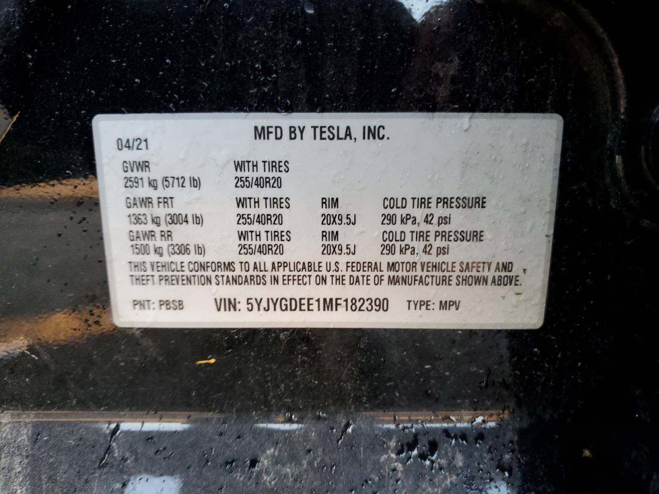 2021 Tesla Model Y VIN: 5YJYGDEE1MF182390 Lot: 65716445