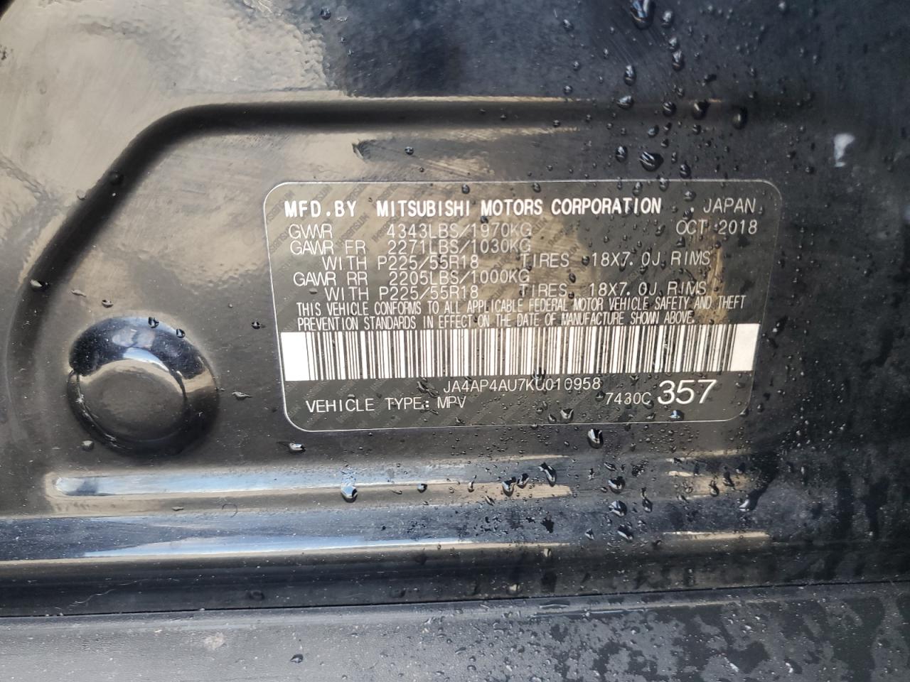 2019 Mitsubishi Outlander Sport Se VIN: JA4AP4AU7KU010958 Lot: 81257365