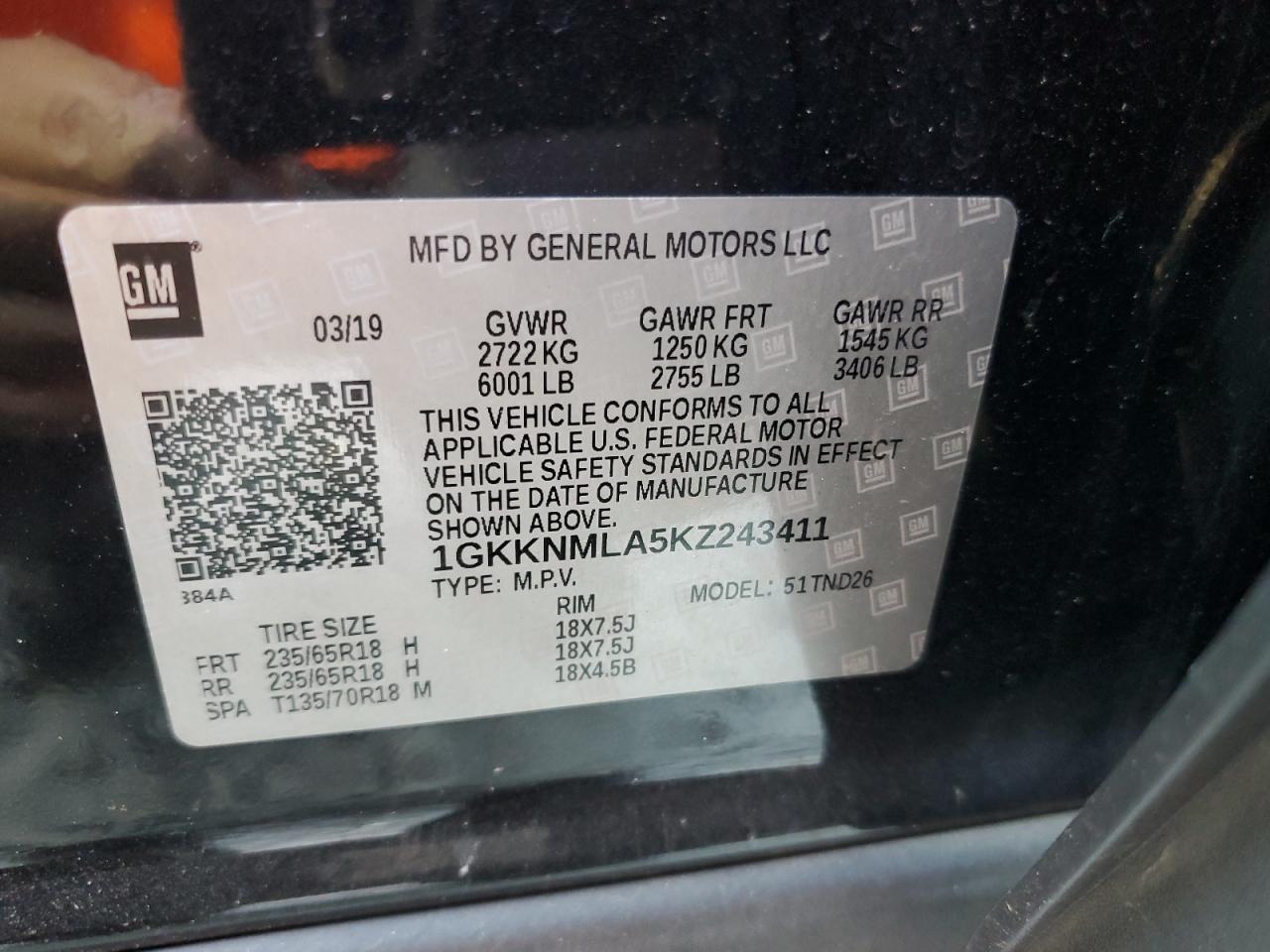 2019 GMC Acadia Slt-1 VIN: 1GKKNMLA5KZ243411 Lot: 80910965