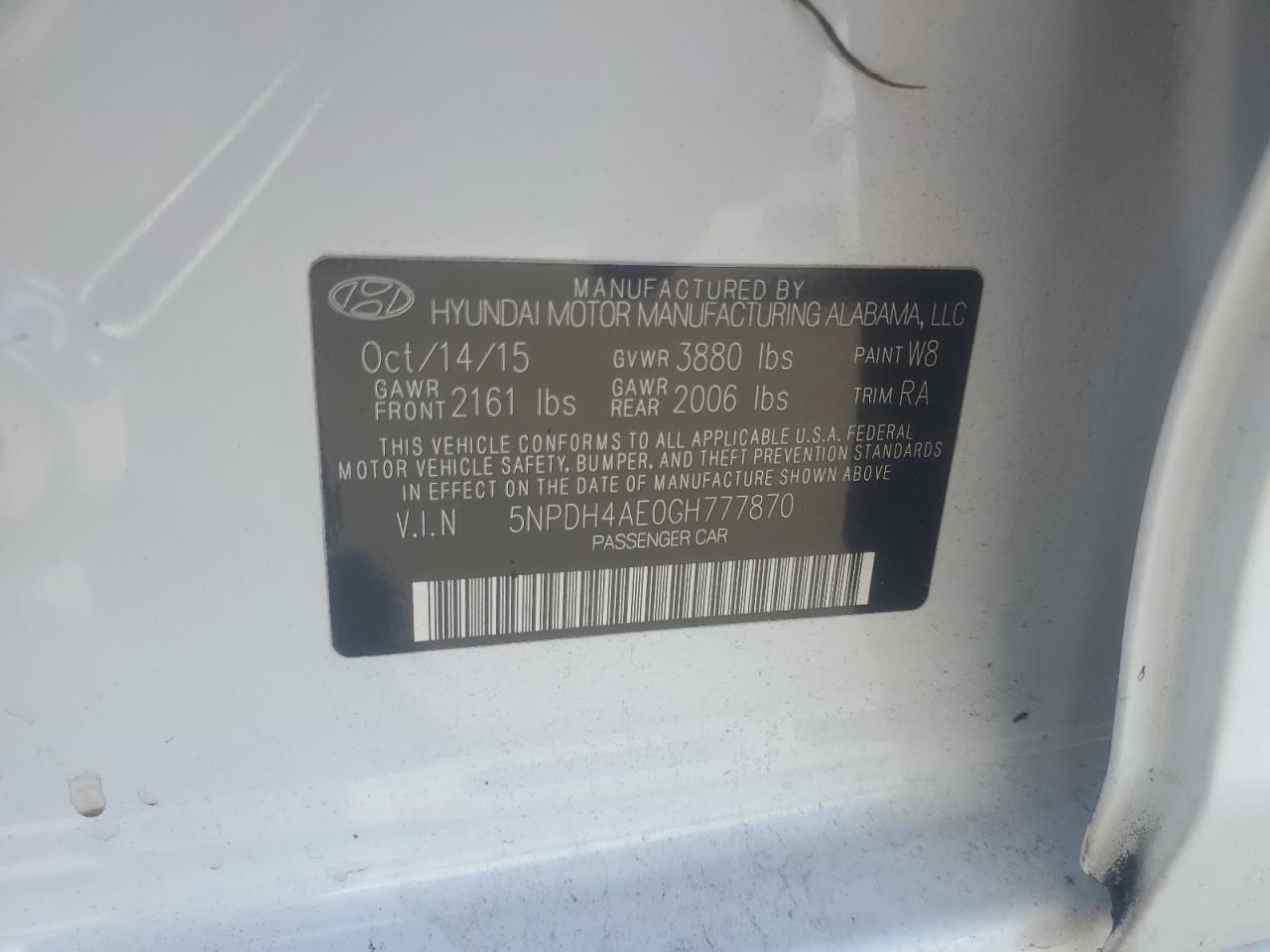 2016 Hyundai Elantra Se VIN: 5NPDH4AE0GH777870 Lot: 81787205