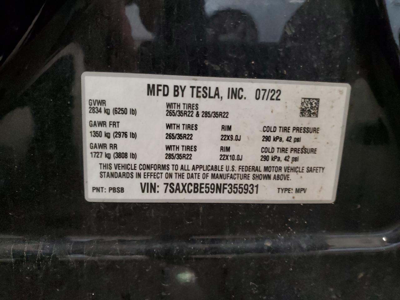 2022 Tesla Model X VIN: 7SAXCBE59NF355931 Lot: 81240055
