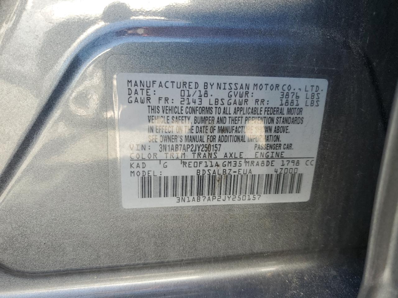 2018 Nissan Sentra S VIN: 3N1AB7AP2JY250157 Lot: 81558645