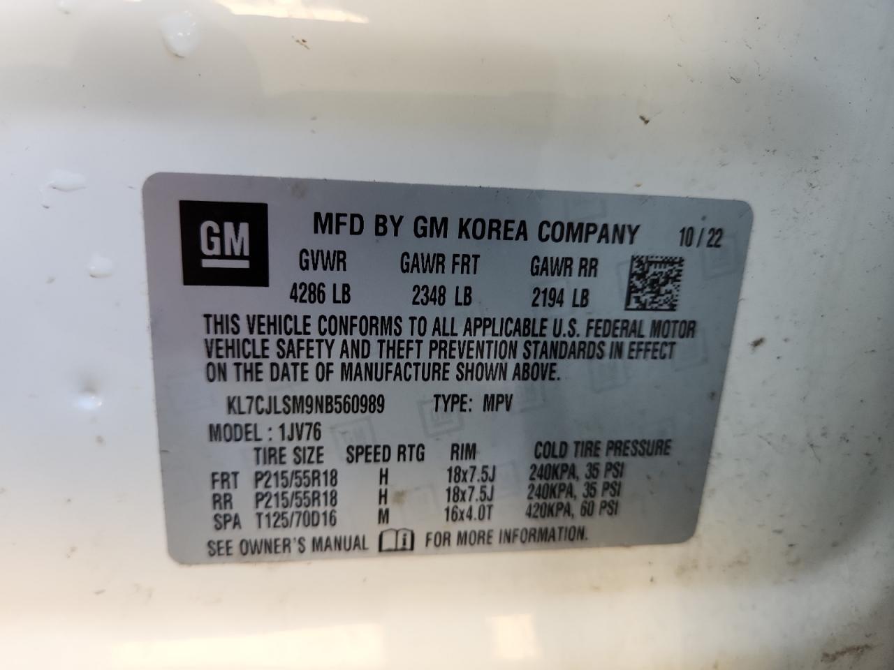 2022 Chevrolet Trax 1Lt VIN: KL7CJLSM9NB560989 Lot: 81088835