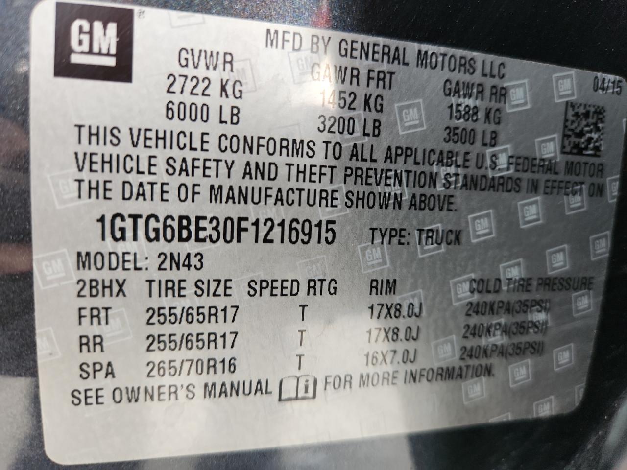 2015 GMC Canyon Sle VIN: 1GTG6BE30F1216915 Lot: 71798285