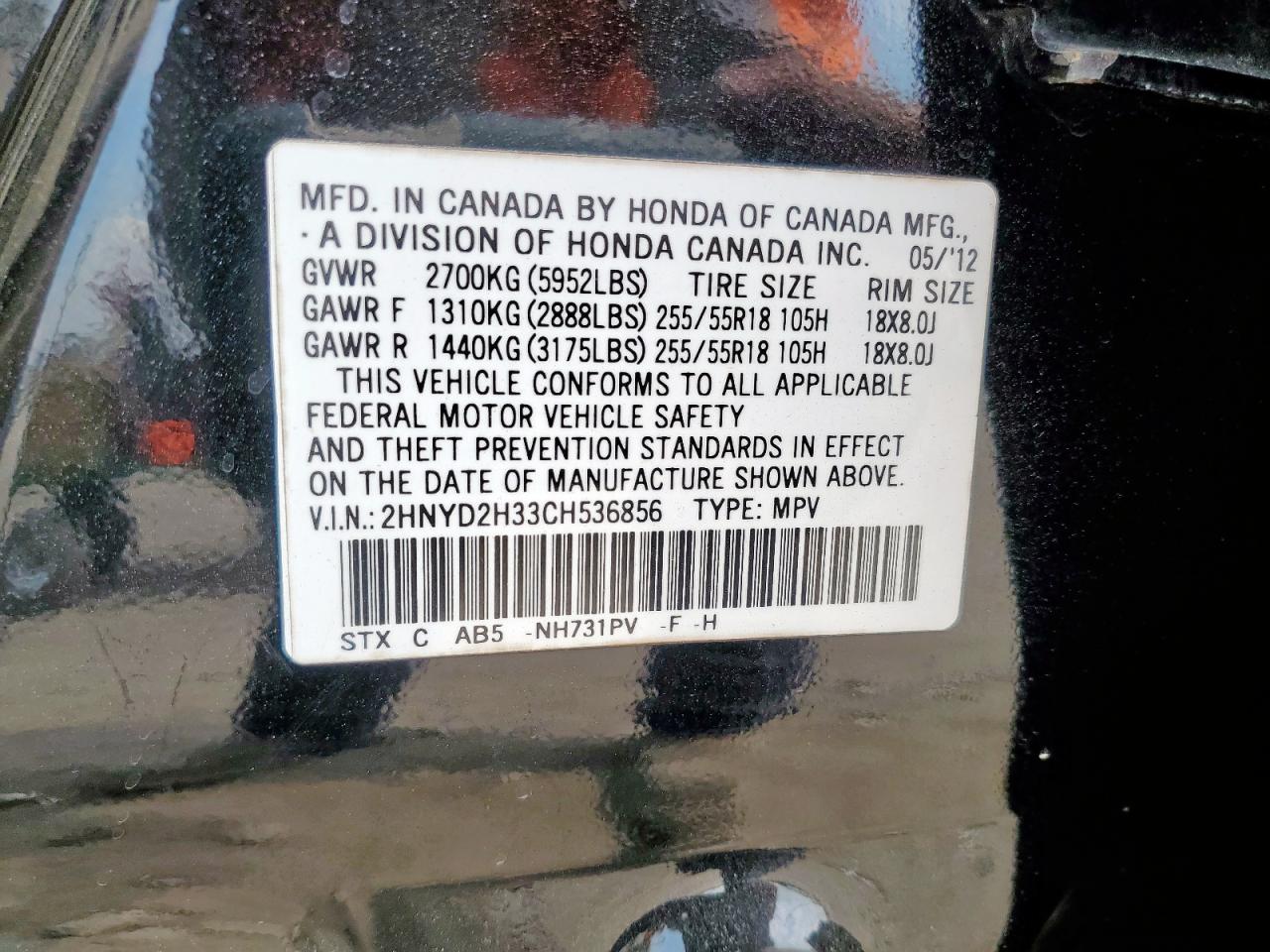 2012 Acura Mdx Technology VIN: 2HNYD2H33CH536856 Lot: 80733695