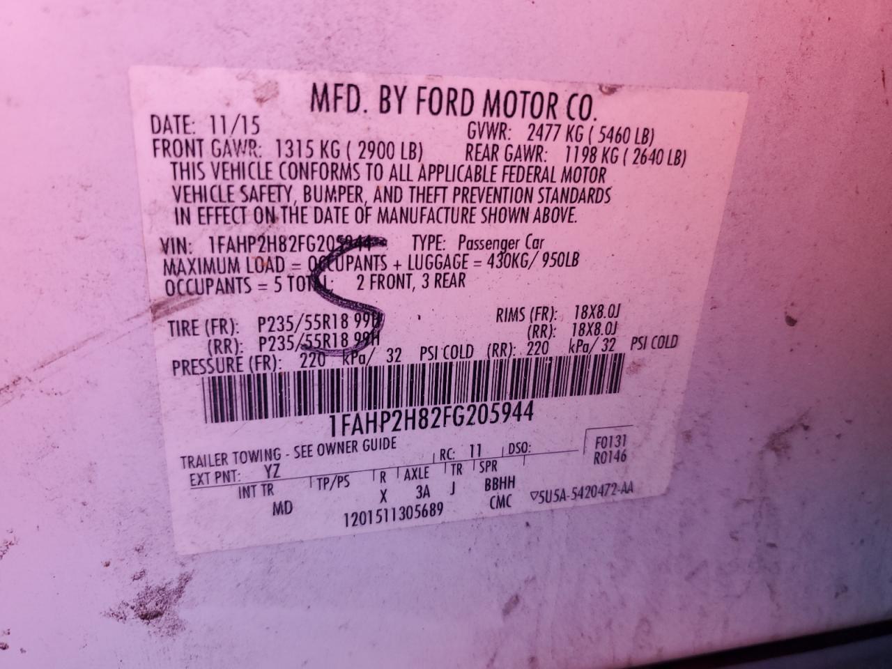 2015 Ford Taurus Sel VIN: 1FAHP2H82FG205944 Lot: 83820795