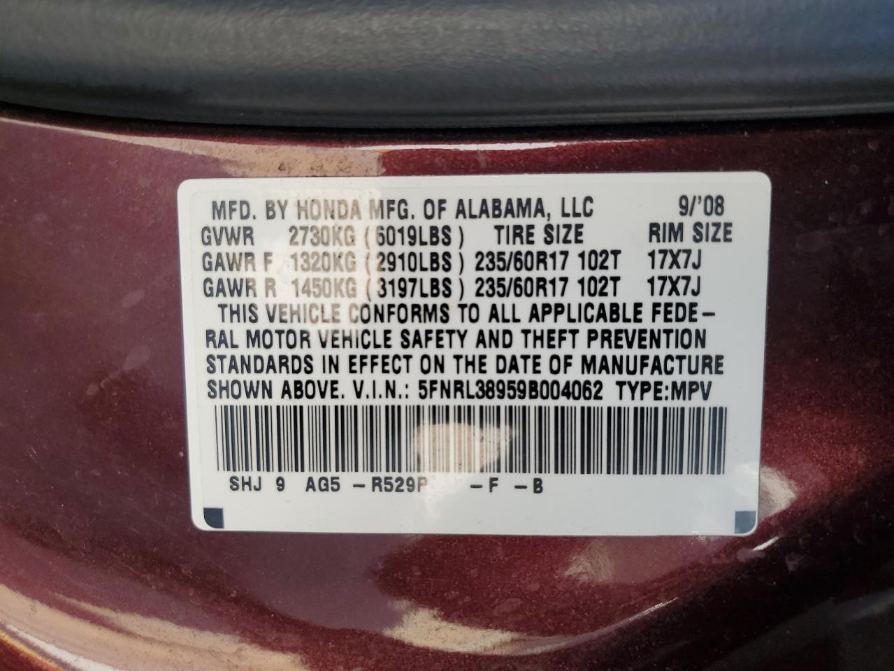 2009 Honda Odyssey Touring VIN: 5FNRL38959B004062 Lot: 84197105