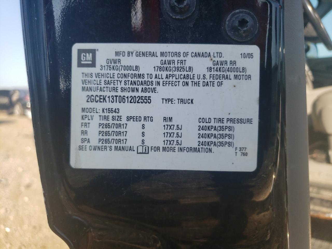 2006 Chevrolet Silverado K1500 VIN: 2GCEK13T061202555 Lot: 84741025