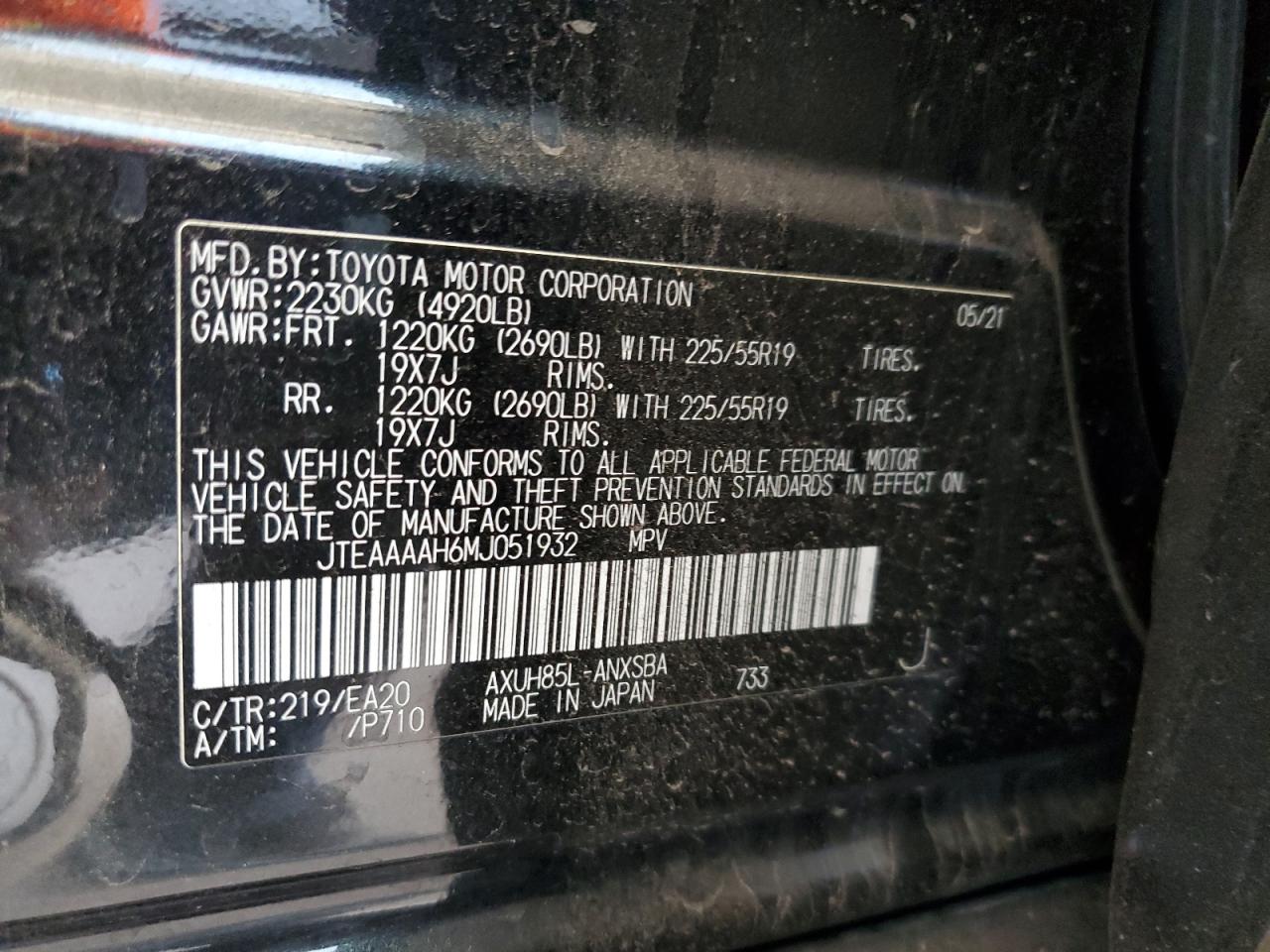 2021 Toyota Venza Le VIN: JTEAAAAH6MJ051932 Lot: 82150665