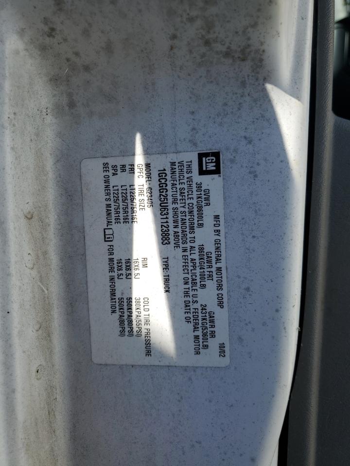 2003 Chevrolet Express G2500 VIN: 1GCGG25U631123883 Lot: 72020925