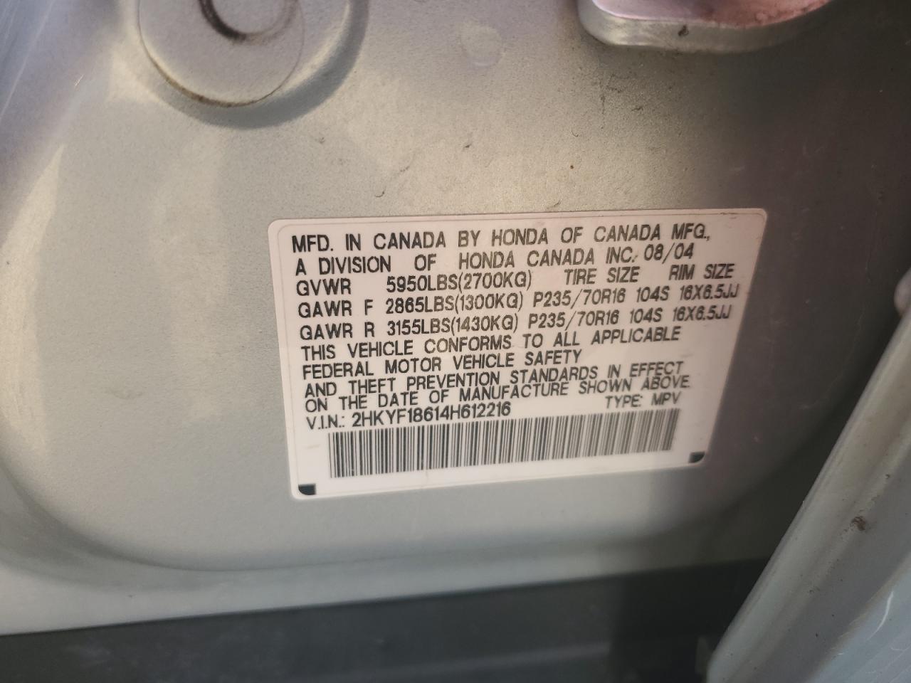 2004 Honda Pilot Exl VIN: 2HKYF18614H612216 Lot: 81846085