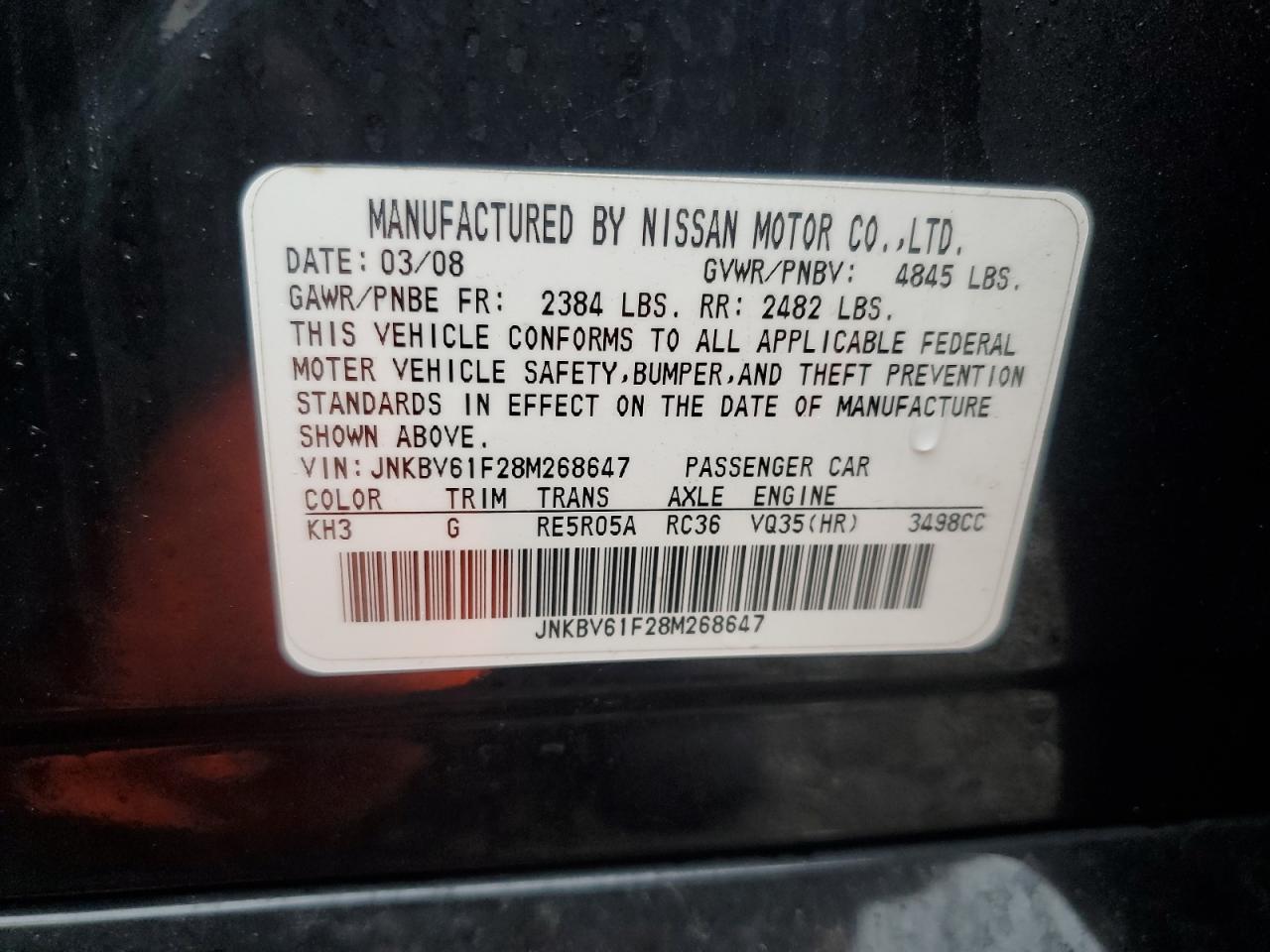 2008 Infiniti G35 VIN: JNKBV61F28M268647 Lot: 82115685